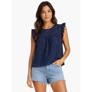 Isa & Ella Eyelet Top Womens Size S Navy Blue Ruffle Sleeve Boho Blouse